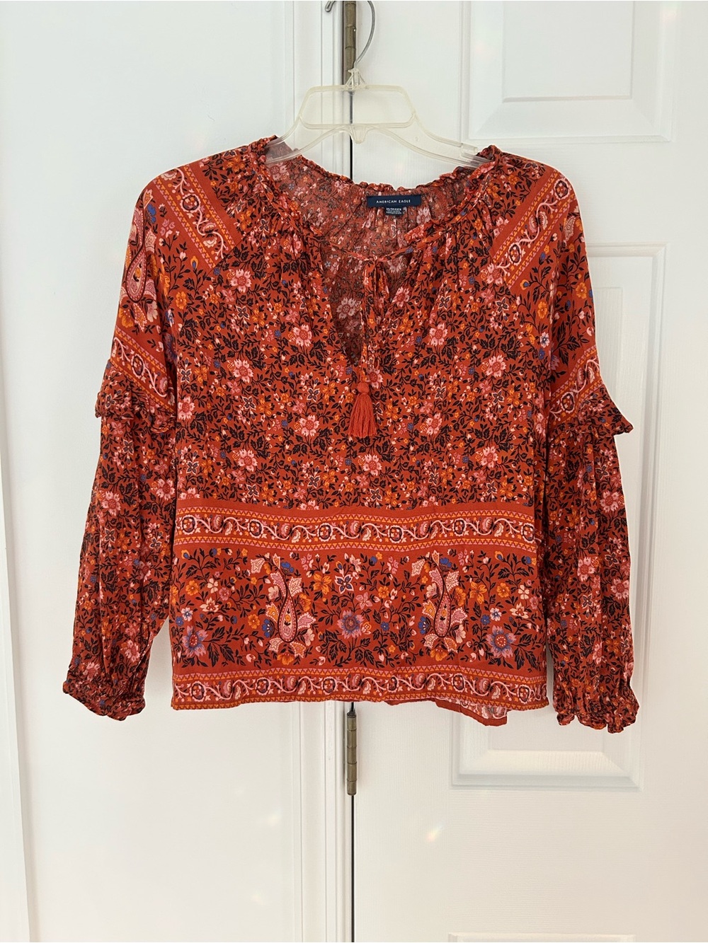 American Eagle Outfitters Rust Floral Peasant Blouse with Tassel